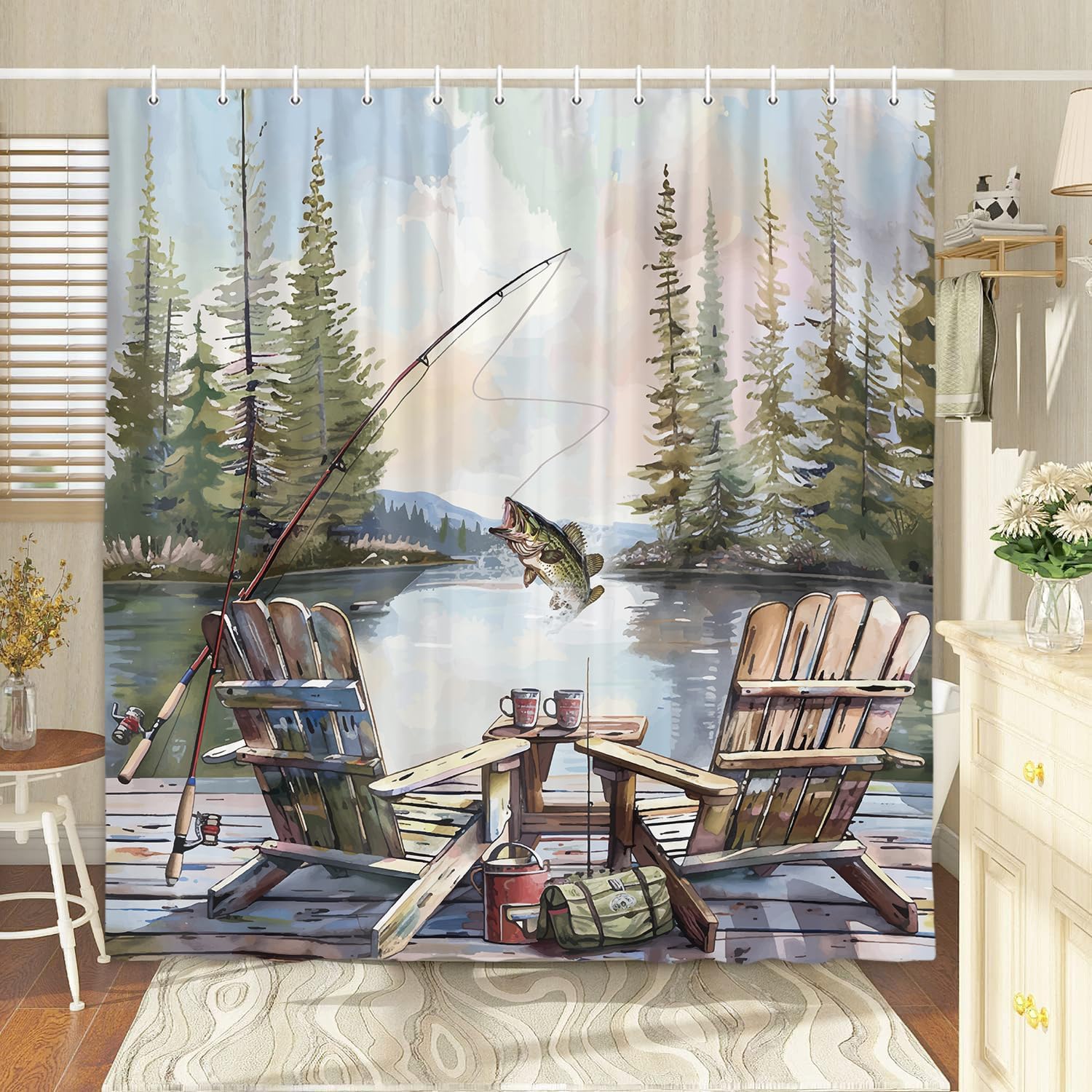Tirai Kamar Mandi Motif Memanc - Hunting And Camping In Forest ulasan dan harga